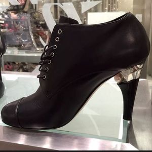Chanel laceup booties leather pearl-heel black 38